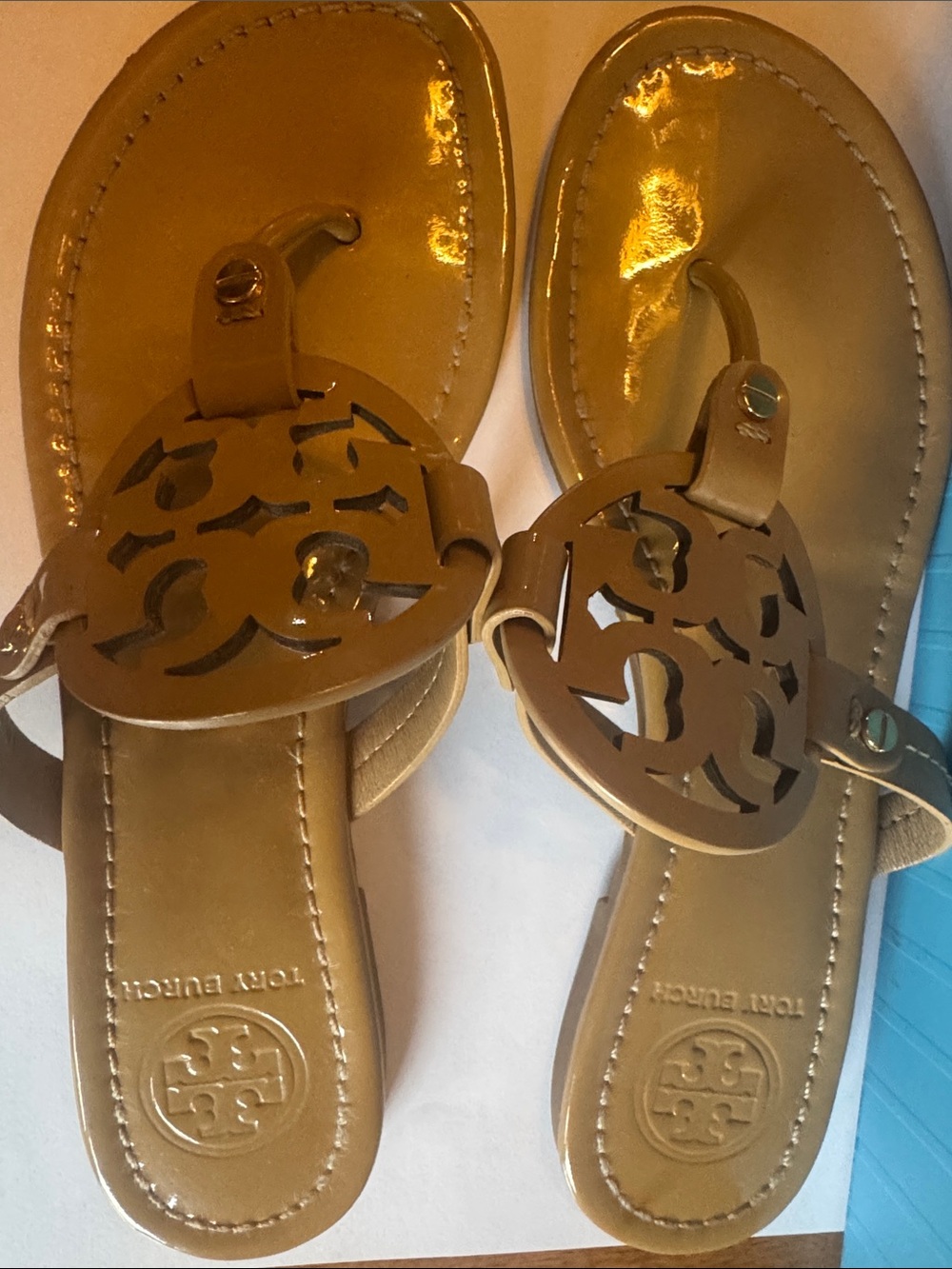 Tory Burch Tan Patent Logo Cutout Thong Sandals
